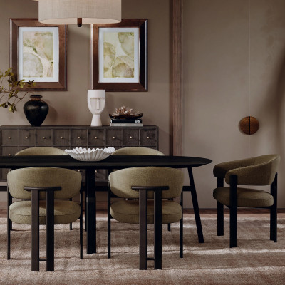 Krzesło Nova z podłokietnikiem tkanina bouclé Dark olive - nogi antique pewter